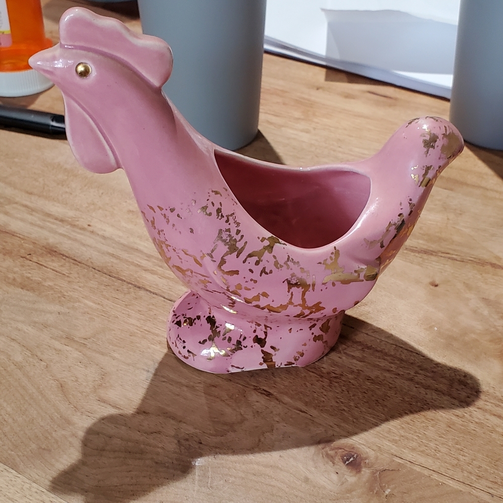 Pink and Gold leaf porclin Rooster planter Mid century.